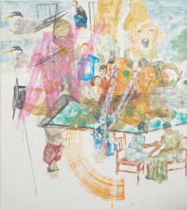 Hasard et mondialisation, 2011, Acrylique sur plâtre sur bois, 203 X 183 cm